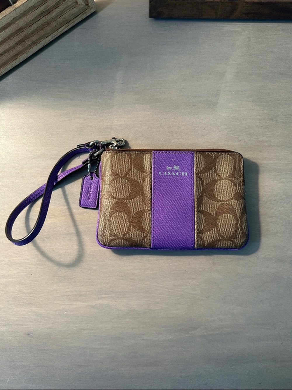 Coach Brown Signature Wristlet with Purple Center Panel